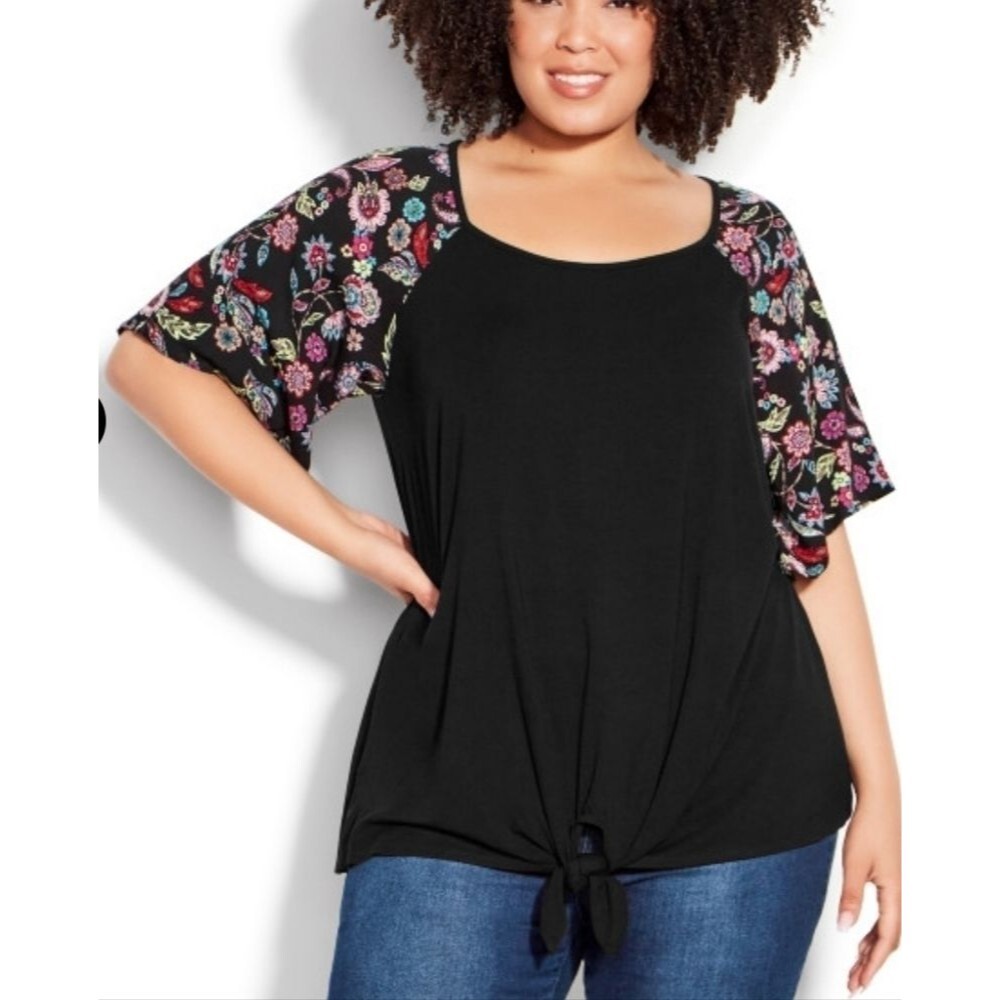 Loralette Gretta Tie Front Top - black paisley floral size 26/28